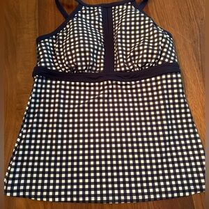 Lands’ End Halter high Neck Keyhole Tankini Swimsuit Top Blue White Gingham NWOT